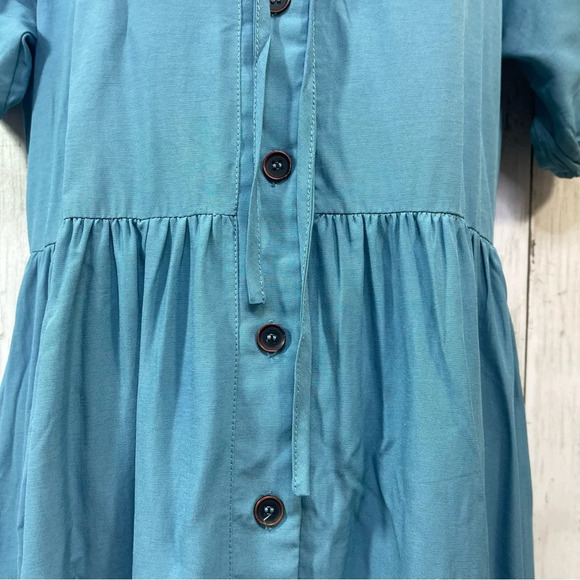 AMKOYAM Women's Puff Sleeve Tie Neck Swing Button Down Ruffle Maxi Dress… - Picture 3 of 9